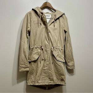 Only Fall Spring Hooded Zippered Zip Up Long Trench Coat Jacket Tan